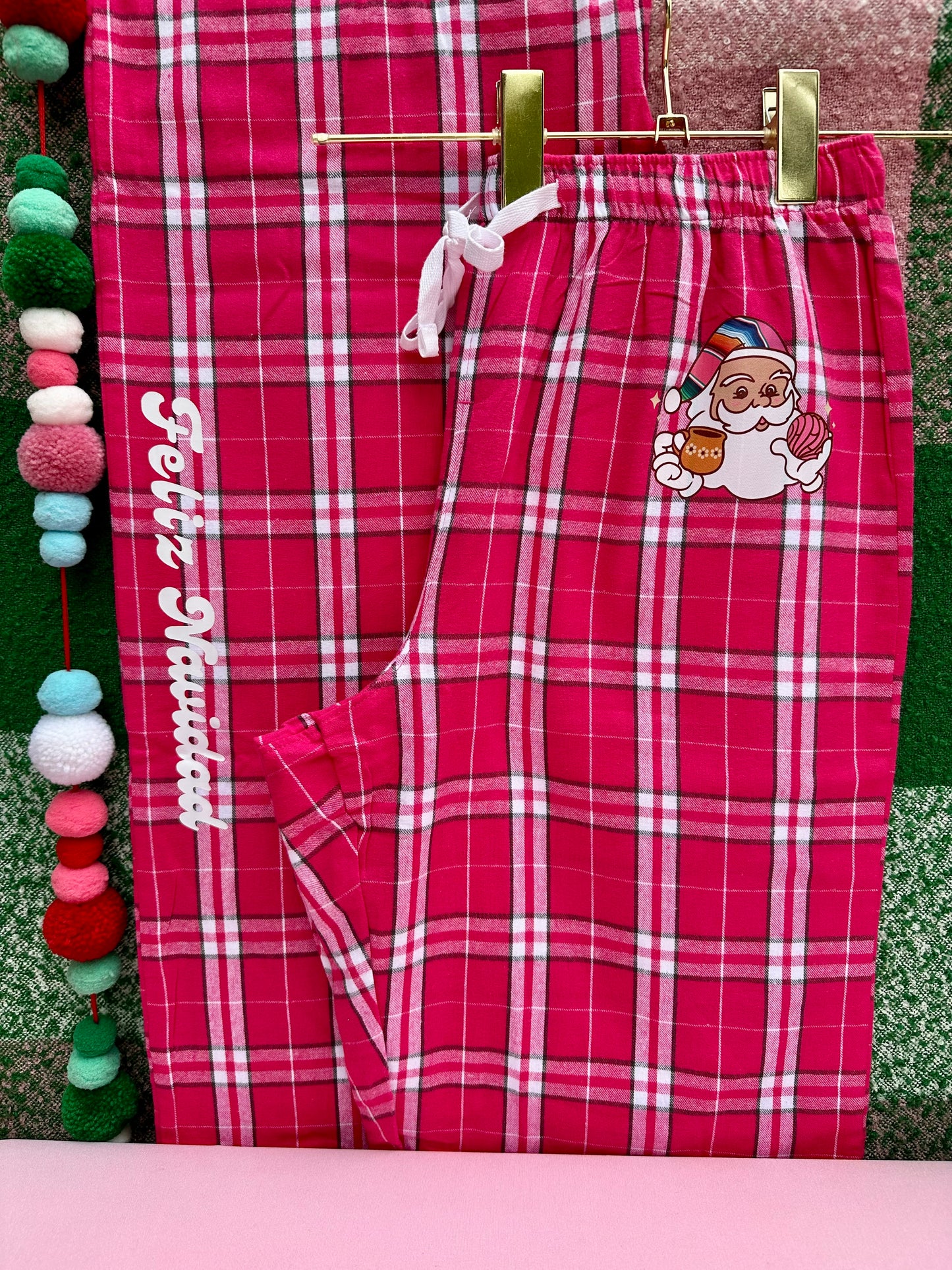 Flannel Pink Plaid Pants with a Santa Holding a Concha