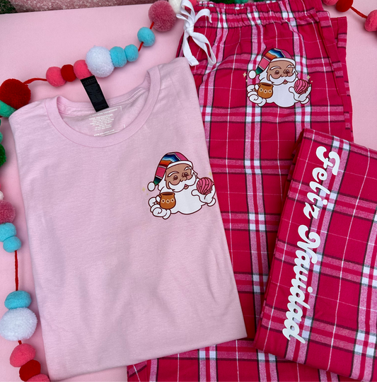 Flannel Pink Plaid Pants with a Santa Holding a Concha