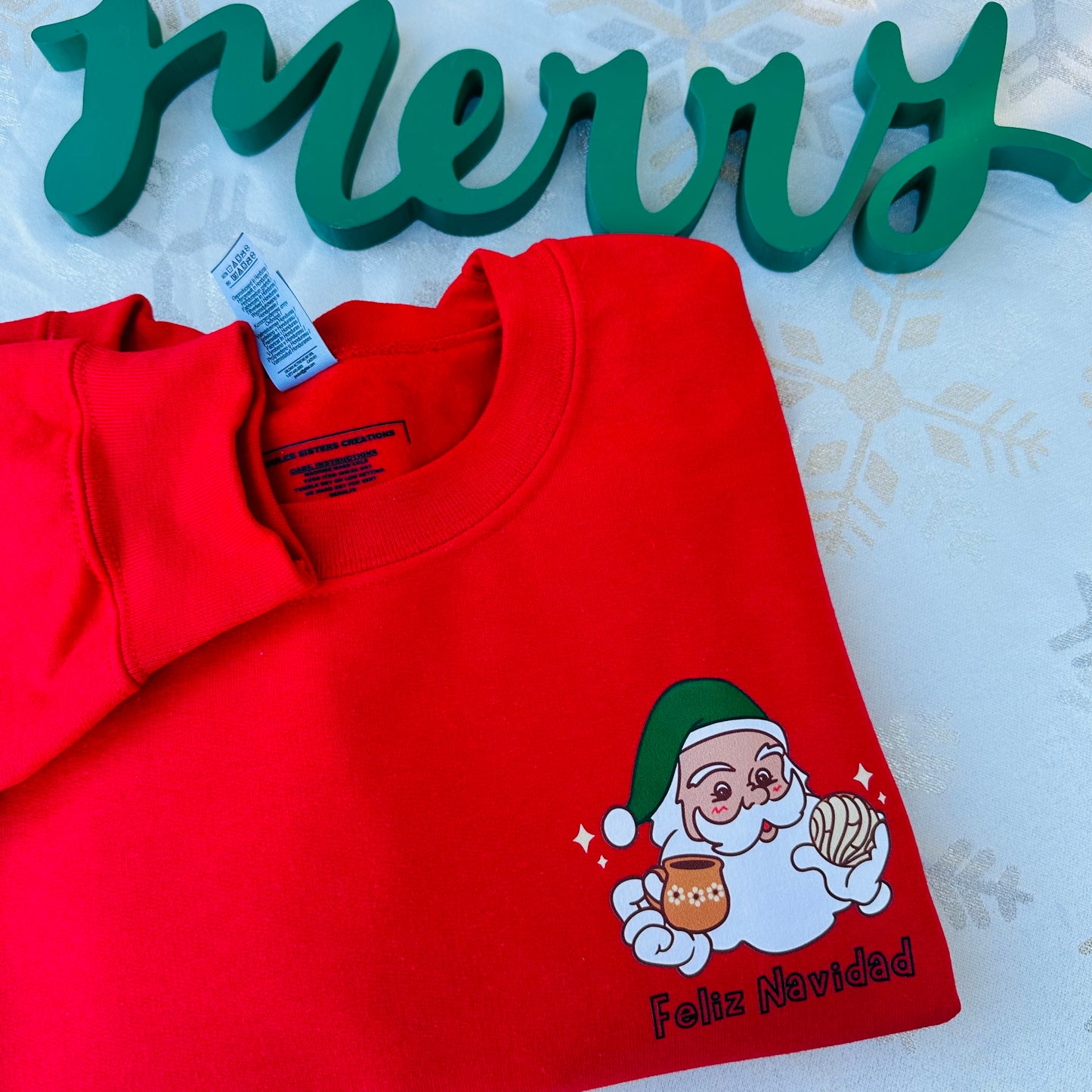 Feliz Navidad Green Santa Hat Adult Red Sweatshirt