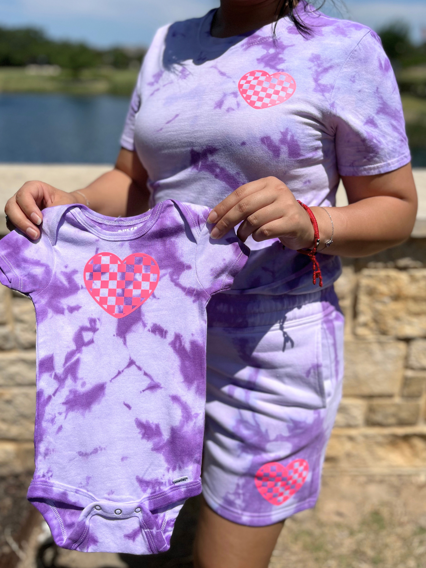 Checkered Heart Purple Tie-dye Onesie