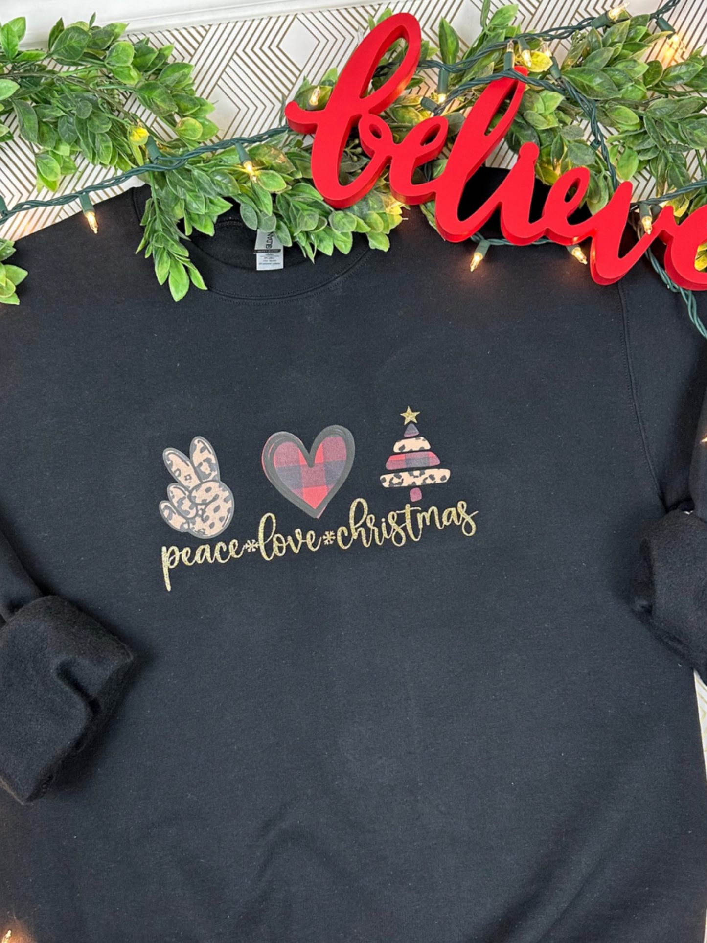 Peace, Love, Christmas Leopard & Plaid Black Adult Sweatshirt